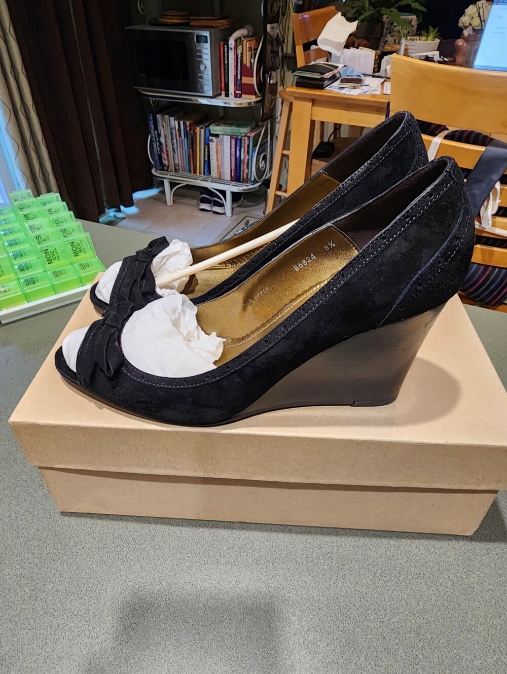 J. Xrew Black Suede Peep-Toe Wedge Heels with Bow